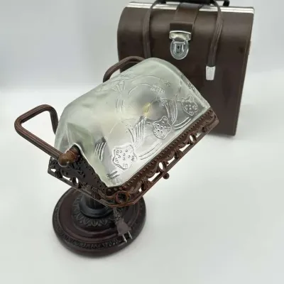 Vintage Floral Frosted Glass Bankers Lamp and Baia 8mm Film Splice Travel Case