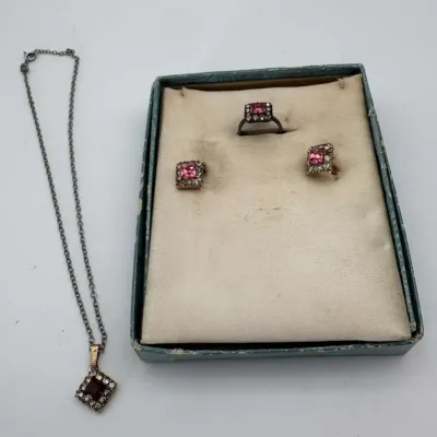 Vintage Pink Rhinestone Jewelry Set with Box