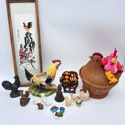 Ty Strut Beanie Baby Woven Hen Basket Rooster Planter & Framed Art Country Decor