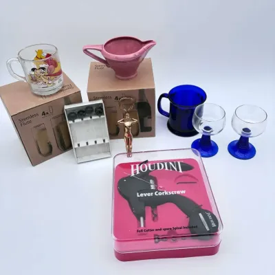 Houdini Lever Corkscrew Stemless Flute Glasses Fiesta Pitcher & Cobalt Barware