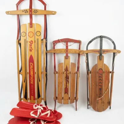 Vintage Winter Sled & Ski Lot Flexible Flyer Paris Champion K-Tel Big Foot