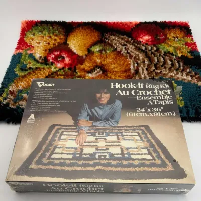 Vogart Vintage Hook-it Latch Hook Rug Kit Style 4704 and Completed Floral Rug Set