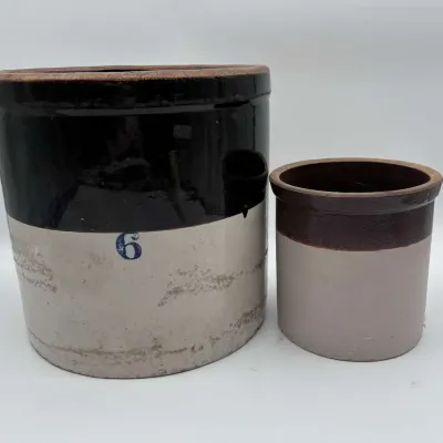 Vintage No 6 Two Tone Stoneware Crock Salt Glaze Pottery Primitive Planter