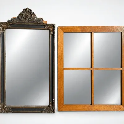 Antique Gilt Ornate Crested Accent Mirror and Vintage Wood Window Pane Mirror 