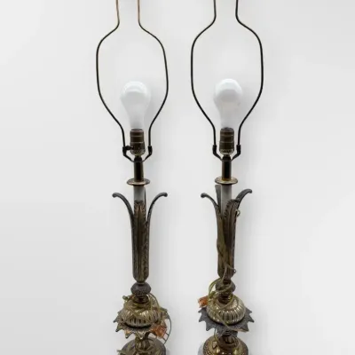 Hollywood Regency Brass & Gilt Metal Palm Leaf Candlestick Marble Base Table Lamp Pair