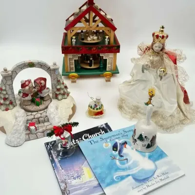 German Wooden Christmas Pyramid Carousel, Infant of Prague Porcelain Doll, and Holiday Decor