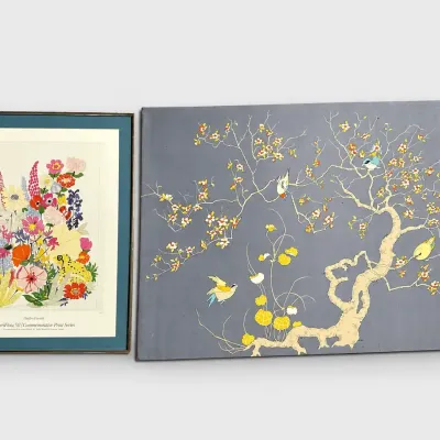 AmeriFlora 92 Sallie Barefoot Cochran Commemorative Print and Asian Chinoiserie Silk Bird Panel Art