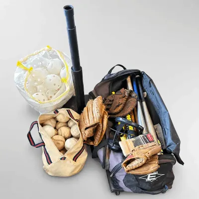 Baseball and Softball Equipment  with Rolling Bag, Bats, and Training Gear
