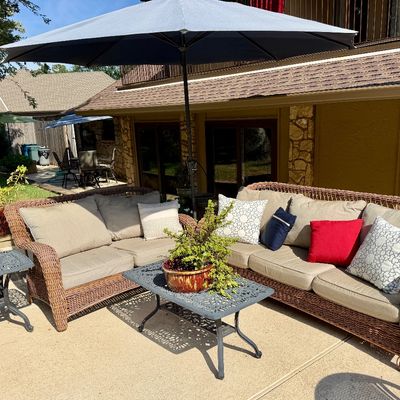 Oak Tree - Outdoor Wicker sofa Set with Sunbrella cushions, side tables, umbrella and plant