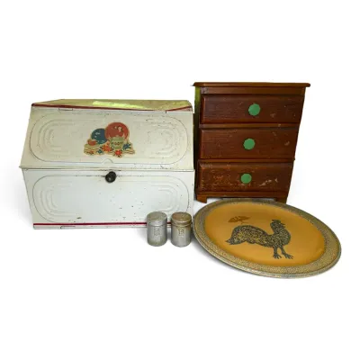 Antique Metal Bread Box, Small Wood Storage Cabinet, & More
