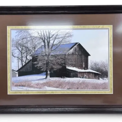 Framed Photograph Of Old Weathered Barn In Winter
