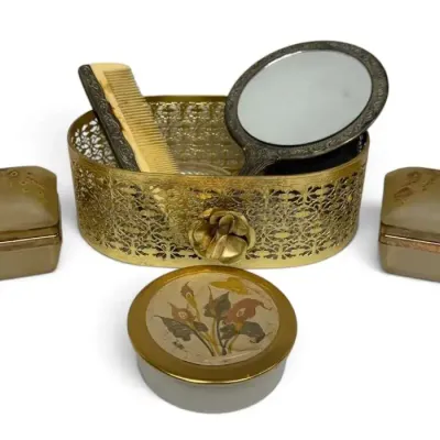 Antique Handheld Mirror, Glass Jewelry Boxes, Floral Ash Tray, & More