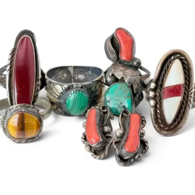 Sterling Silver Native American Turquoise, Coral, Malachite, & More Rings (37g Total)