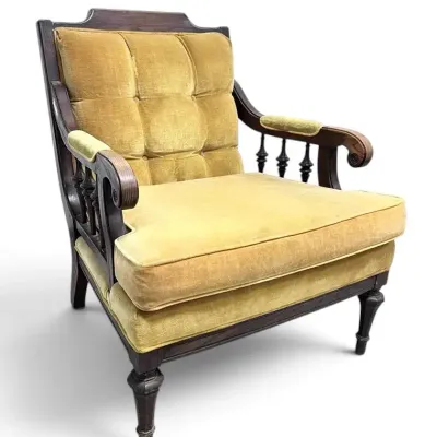 Mid-Century Tufted Yellow Velour Armchair w/ Dark Wooden Frame