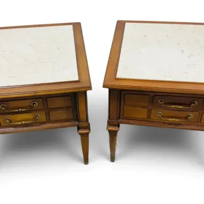Set Of Two Travertine Top End Tables