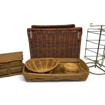 Wicker Baskets, Jewelry Box, & Metal Display