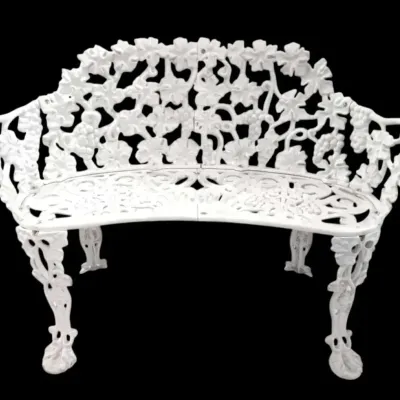 White Victorian-Style Cast Metal Garden Bench w/ Grape Motif