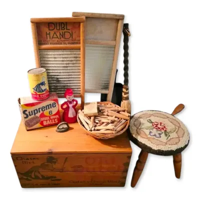 Vintage Laundry Washboards, Soap Crate, Clothespins, Stool, & More
