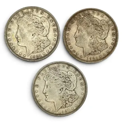 Three 1921 D Morgan Silver Dollars