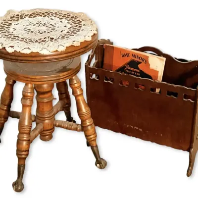 Antique Wooden Swivel Piano Stool w/ Claw Feet & Magazine Rack