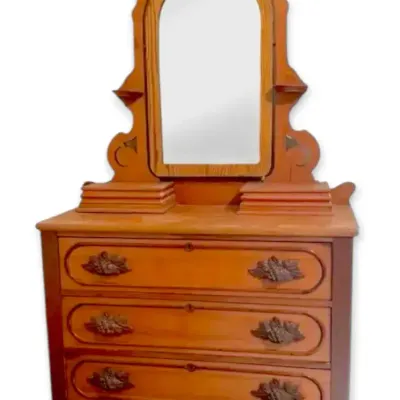 Antique Wooden Dresser & Mirror w/ Carved Handles 