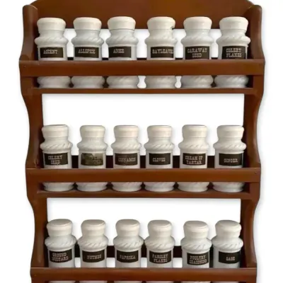 Vintage Milk Glass Spice Jar Set w/ Wooden Rack 