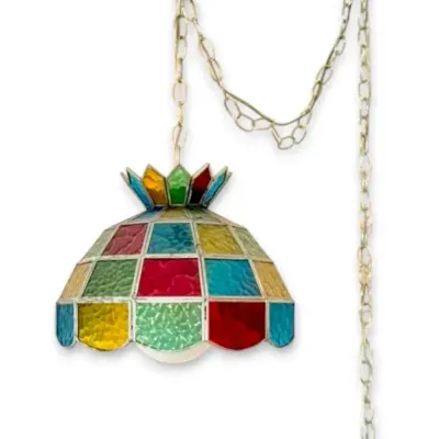 Mid-Century Colorful Stained Glass Panel Swag Lamp 