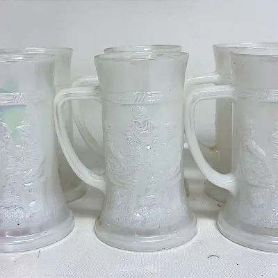  Vintage White Carnival Glass Tavern / Beer Steins with Iridescent Finish