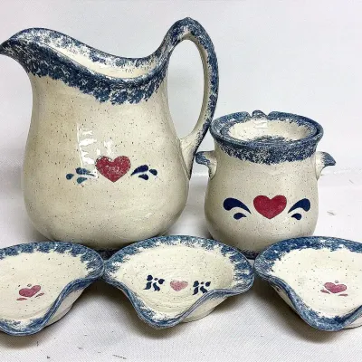 Vintage Country Heart Blue Sponge Stoneware Set 