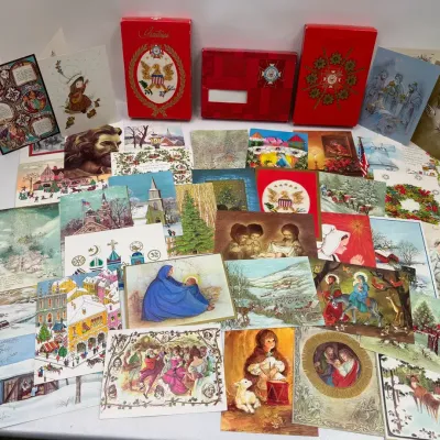 Large Lot Vintage Christmas Greeting Cards Religious/ Holiday Ephemera + Boxes