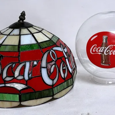 Vintage “Coca Cola Tiffany Style” Stained Glass Lamp Shade and Glass Globe Shade 