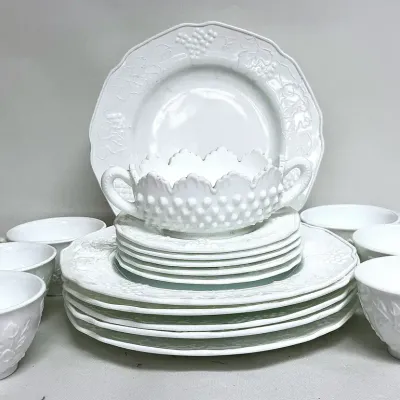 Vintage Colony Glass "Harvest White" Milk Glass Dinnerware Set with Fenton Hobnail Bowl