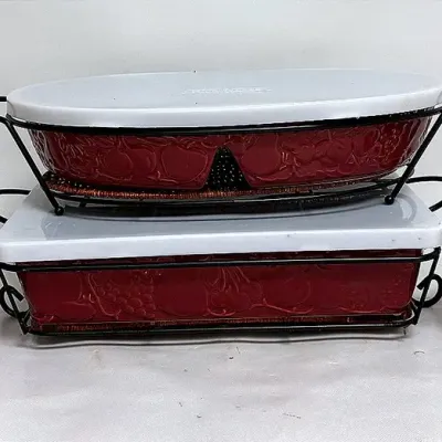 “Temp-tations Presentable Ovenware” Cranberry Red Bakeware Set with Wire Metal Caddy Stands