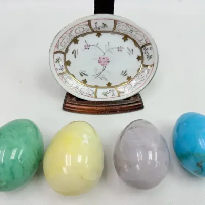 Vintage Polished Stone Eggs + Porcelain Trinket Dish