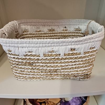 Woven Seagrass and Fabric Storage Basket with Fringe Detail