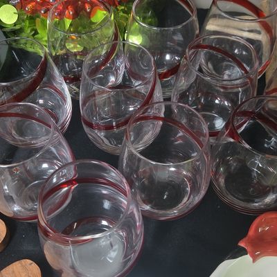 Set of Pier 1 Red Swirline Stemless Wine Glasses