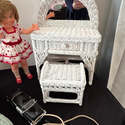 Vintage White Wicker Doll Vanity with Stool and Mirror