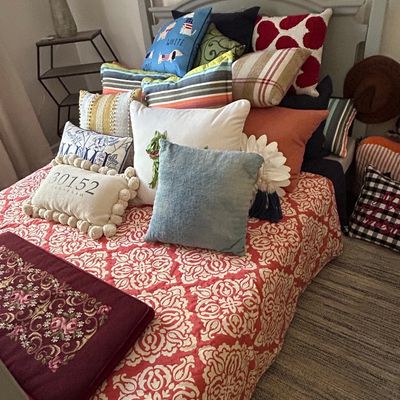 Queen Size Bed with Headboard, Damask Quilt, and Eclectic Decorative Pillow Collection
