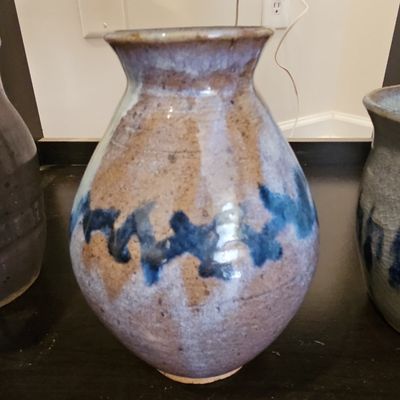 Studio Pottery Vase with Blue Zigzag Motif