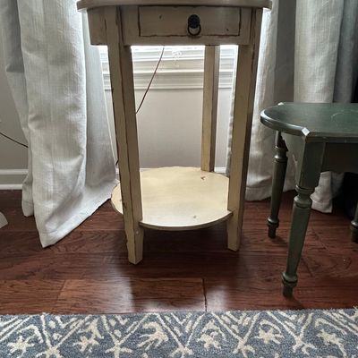 Distressed White Round Accent Table with Drawer