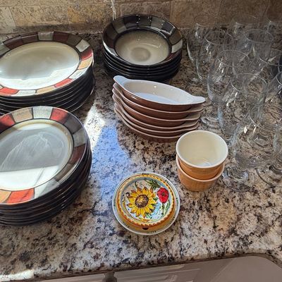Pfaltzgraff Taos Dinnerware and Assorted Glassware Lot