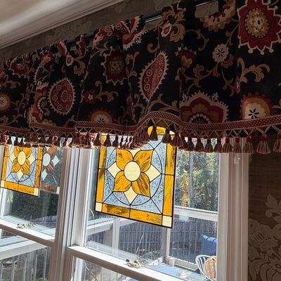 Decorative Valance with Tassel Trim and Stained Glass Panel Accents