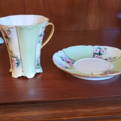 Haviland Limoges Porcelain Cup and Saucer Set with Pink Roses and Green Accents