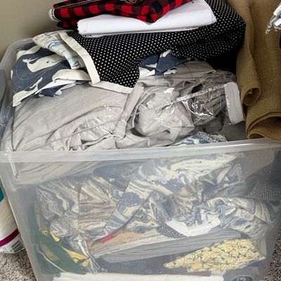 Assorted Fabric Remnants and Textiles Storage Bin