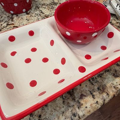 Red and White Polka Dot Ceramic Chip and Dip Server