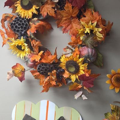 Artificial Sunflower, Pumpkin, and Autumn Foliage Wreath
