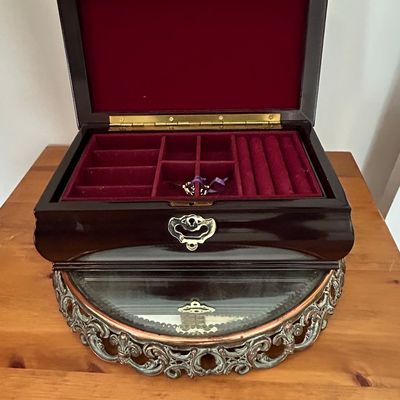 Vintage Mahogany Jewelry Box with Ornate Metal Base and Glass Drawer Front