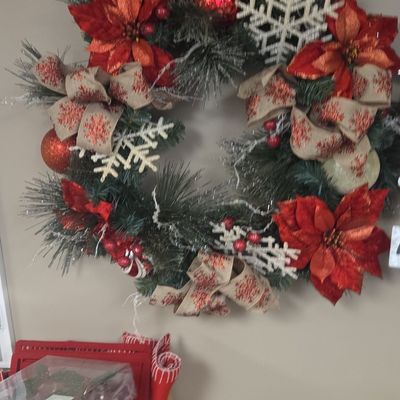 Artificial Christmas Poinsettia Wreath with Snowflakes and Burlap Ribbon