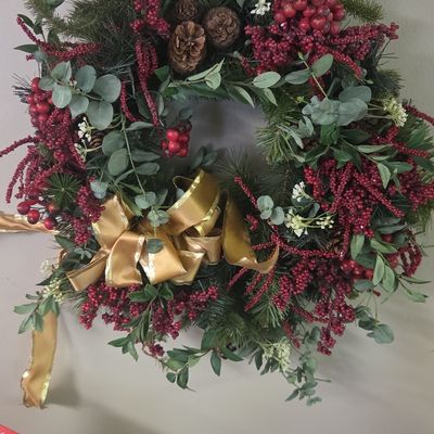Artificial Christmas Wreath with Red Berries and Gold Ribbon