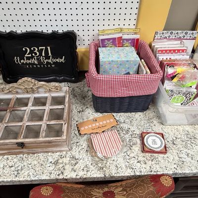 Assorted Craft and Home Organization Lot with Address Decor